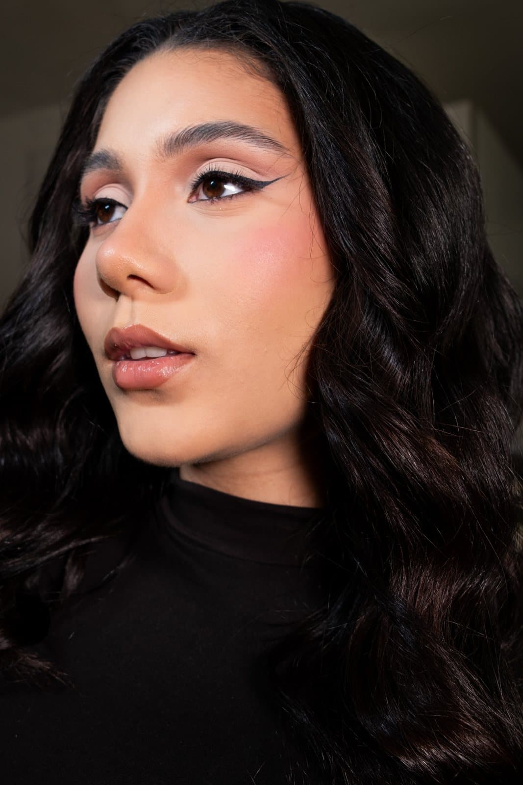 Maquillaje social con delineado gráfico y rubor rosado